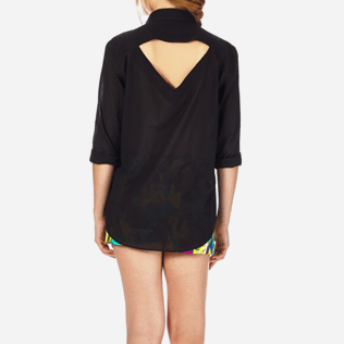 Mujer Autros Liso - Camisa en gasa de algodón liso con tirantes para anudar alrededor del cuello para mujer, Negro supp2 Mujer Autros Liso - Camisa en gasa de algodón liso con tirantes para anudar alrededor del cuello para mujer, Negro supp2