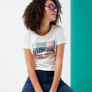 Damen Andere Bedruckt - Marguerites T-Shirt aus Baumwolle für Damen, Off white Vorderseite getragene Ansicht