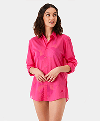 Hombre Autros Liso - Camisa en gasa de algodón de color liso unisex, Shocking pink mujeres vista frontal desgastada