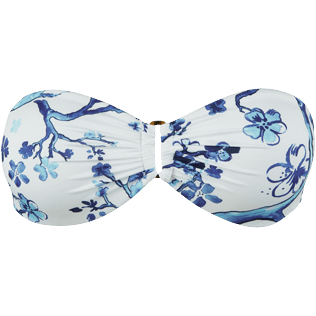 Women Bandeau Printed - Women Bandeau Bikini Top Cherry Blossom, Sea blue front view