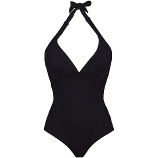Women Fitted Solid - Women Halter One-Piece Swimsuit Plumes Jacquard, Black front view