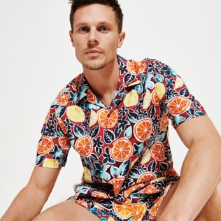 Uomo Altri Stampato - Camicia bowling uomo in lino Presse Citron, Burgundy vista frontale indossata