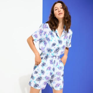 Camisa de lino de manga corta con estampado Flash Flowers para mujer Purple blue detalles vista 3