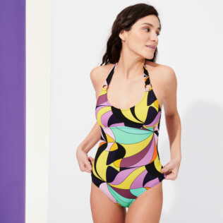 Women One piece Printed - Women Halter One-piece Swimsuit 1984 Invisible Fish, Black front worn view