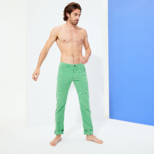 Picture of Men Others Solid - Men 5-Pocket Velvet Pants Regular fit, Grass green front worn view Picture of Men Others Solid - Men 5-Pocket Velvet Pants Regular fit, Grass green front worn view