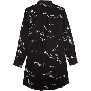 Women Dresses Printed - Women Long Cotton Voile Shirt Dress Fish Dance, Black back Women Dresses Printed - Women Long Cotton Voile Shirt Dress Fish Dance, Black back