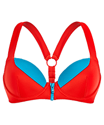 Women Underwire Solid - Women contrasted Bikini top with underwires - Vilebrequin x JCC+ - Limited Edition, Red polish front view