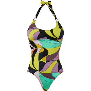Women One piece Printed - Women Halter One-piece Swimsuit 1984 Invisible Fish, Black front view