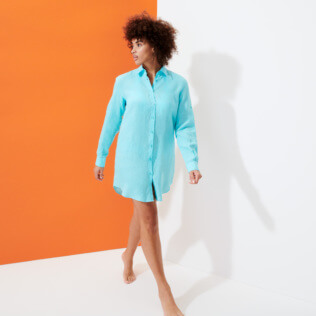 Mujer Autros Liso - Camisa larga en lino de color liso para mujer, Lazulii blue supp1 Mujer Autros Liso - Camisa larga en lino de color liso para mujer, Lazulii blue supp1