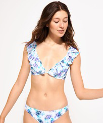 Top de bikini anudado alrededor del cuello con estampado Flash Flowers para mujer Purple blue vista frontal desgastada