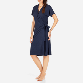 Mujer Autros Liso - Vestido envolvente de lino liso, Azul marino frontworn Mujer Autros Liso - Vestido envolvente de lino liso, Azul marino frontworn