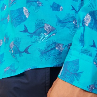 Andere Bedruckt - 2018 Prehistoric Fish Unisex Sommerhemd aus Baumwollvoile, Aquamarin blau Details Ansicht 2