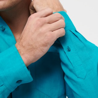 Hombre Autros Liso - Camisa de lino lisa para hombre, Ming blue detalles vista 4