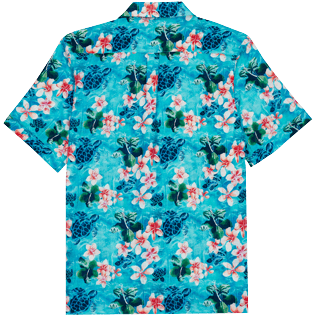 Men Others Printed - Men Bowling Shirt Linen and Cotton Turtles Jungle, Lazulii blue back view
