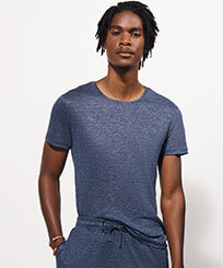 Hombre Autros Liso - Camiseta de lino de color liso unisex, Navy heather vista frontal de hombre desgastada