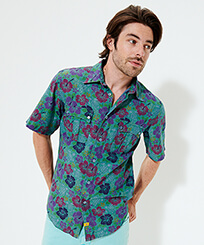 Uomo Altri Stampato - Camicia uomo stile bowling in chambray, Verde acqua vista frontale indossata