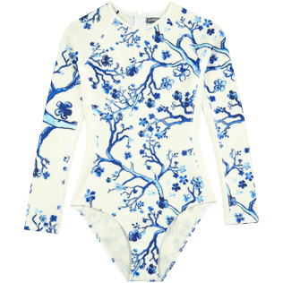 Women Others Printed - Women Rashguard Long Sleeves One-piece Swimsuit Cherry Blossom, Sea blue front view