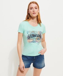 Marguerites T-Shirt aus Baumwolle für Damen Lagune Vorderseite getragene Ansicht