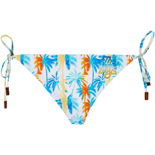Damen Fitted Bedruckt - Palms & Stripes Bikinihose zum Binden für Damen – Vilebrequin x The Beach Boys, Weiss Vorderansicht