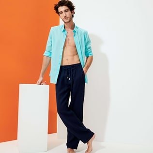 Hombre Autros Liso - Pantalón de lino liso para hombre, Azul marino vista frontal desgastada