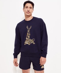 Hombre Autros Bordado - Men Cotton Sweatshirt The year of the Rabbit, Azul marino vista frontal desgastada
