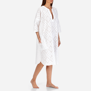 Mujer 052 Bordado - Vestido corto de algodón con bordado de troquelado para mujer, Blanco frontworn Mujer 052 Bordado - Vestido corto de algodón con bordado de troquelado para mujer, Blanco frontworn