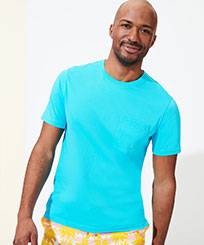 Hombre Autros Liso - Camiseta de algodón orgánico de color liso para hombre, Celeste vista frontal desgastada