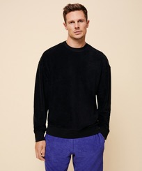 Solid Unisex-Sweatshirt aus Frottee Schwarz Vorderseite getragene Ansicht