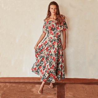 Women Others Printed - Women Cotton Dress Skirt Tropical Blooms, White frontworn Women Others Printed - Women Cotton Dress Skirt Tropical Blooms, White frontworn