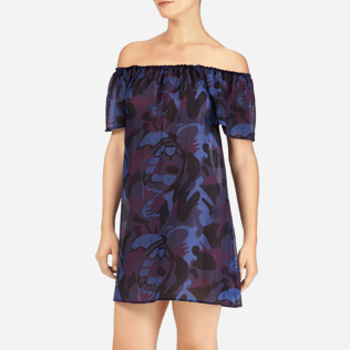 Mujer Vestido Estampado - Vestido de manga corta con estampado Camouflage Turtles y escote Bardot, Ciruela supp1 Mujer Vestido Estampado - Vestido de manga corta con estampado Camouflage Turtles y escote Bardot, Ciruela supp1