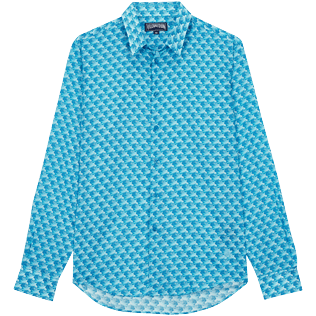 Others Printed - Unisex Cotton Voile Summer Shirt Micro Waves, Lazulii blue front view