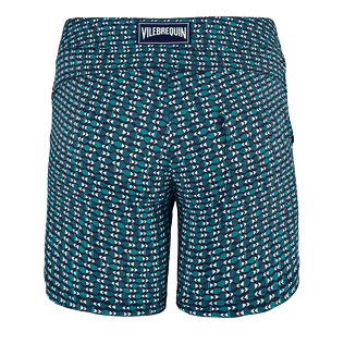 Men Short, Fitted Printed - Men Short and Fitted Stretch Swimwear Modernist Fish, Navy back Men Short, Fitted Printed - Men Short and Fitted Stretch Swimwear Modernist Fish, Navy back