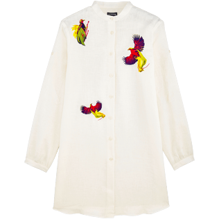 Donna Camicie Ricamato - Camicia donna in lino con colletto rigido e ricamo Birds of Paradise, Bianco front Donna Camicie Ricamato - Camicia donna in lino con colletto rigido e ricamo Birds of Paradise, Bianco front
