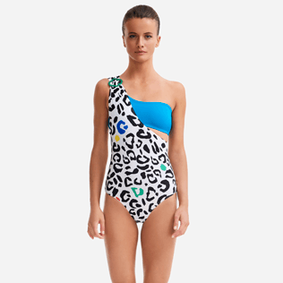 Women One piece Printed - Women asymmetrical one piece swimsuit Leopard bandeau - Vilebrequin x JCC+ - Limited Edition, White front worn view