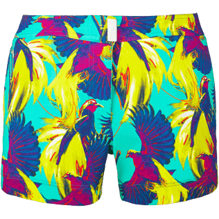 Mujer Autros Estampado - Pantalón corto en tejido de bañador elástico con estampado Birds of Paradise para mujer, Veronese green front Mujer Autros Estampado - Pantalón corto en tejido de bañador elástico con estampado Birds of Paradise para mujer, Veronese green front