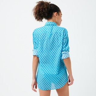 Others Printed - Unisex Cotton Voile Summer Shirt Micro Waves, Lazulii blue details view 5
