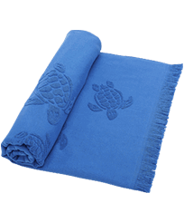 Others Solid - Beach Fouta in Organic Cotton Turtles Jacquard, Sea blue front worn view