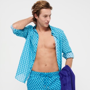 Autros Estampado - Camisa de verano unisex en gasa de algodón con estampado Urchins, Lazulii blue detalles vista 1