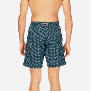 Hombres Corte Largo Estampado - Bañador elástico con estampado Modernist Fish para hombre, Azul marino supp2 Hombres Corte Largo Estampado - Bañador elástico con estampado Modernist Fish para hombre, Azul marino supp2