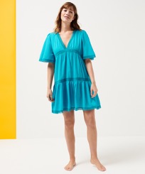 女款 Others 纯色 - Women Cotton Mid-length Dress Solid, Curacao 正面穿戴视图