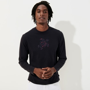 Men Others Embroidered - Men Embroidered Corduroy Turtle Cotton Long Sleeves T-Shirt, Navy front worn view
