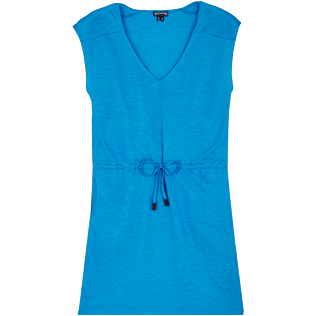 Mujer Autros Liso - Vestido corto en jersey de lino de color liso para mujer, Hawaii blue front Mujer Autros Liso - Vestido corto en jersey de lino de color liso para mujer, Hawaii blue front