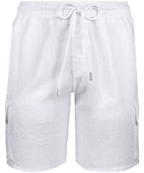 男款 Others 纯色 - 男士纯色亚麻百慕大工装短裤, White 正面图