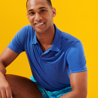 Picture of Men Others Solid - Men Tencel Polo Shirt Solid, Sea blue details view 2 Picture of Men Others Solid - Men Tencel Polo Shirt Solid, Sea blue details view 2
