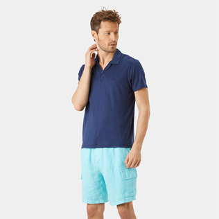 Hombre Autros Liso - Polo Tencel™ de color liso para hombre, Azul marino vista frontal desgastada