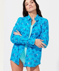 Others Printed - Unisex Cotton Voile Summer Shirt 2018 Prehistoric Fish, Azure women front worn view