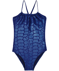 Mädchen Andere Bedruckt - Shell Turtles Badeanzug für Mädchen, Marineblau Vorderansicht