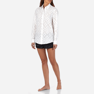 Mujer Camisetas Bordado - Camisa de algodón anudada alrededor del cuello con bordado de troquelado para mujer, Blanco frontworn Mujer Camisetas Bordado - Camisa de algodón anudada alrededor del cuello con bordado de troquelado para mujer, Blanco frontworn