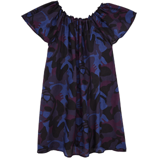 Mujer Vestido Estampado - Vestido de manga corta con estampado Camouflage Turtles y escote Bardot, Ciruela front Mujer Vestido Estampado - Vestido de manga corta con estampado Camouflage Turtles y escote Bardot, Ciruela front