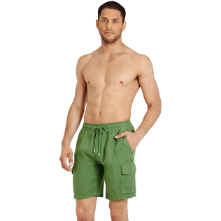 Herren Andere Uni - Einfarbige Leinen-Bermudashorts mit Cargotaschen für Herren, Sycamore frontworn Herren Andere Uni - Einfarbige Leinen-Bermudashorts mit Cargotaschen für Herren, Sycamore frontworn